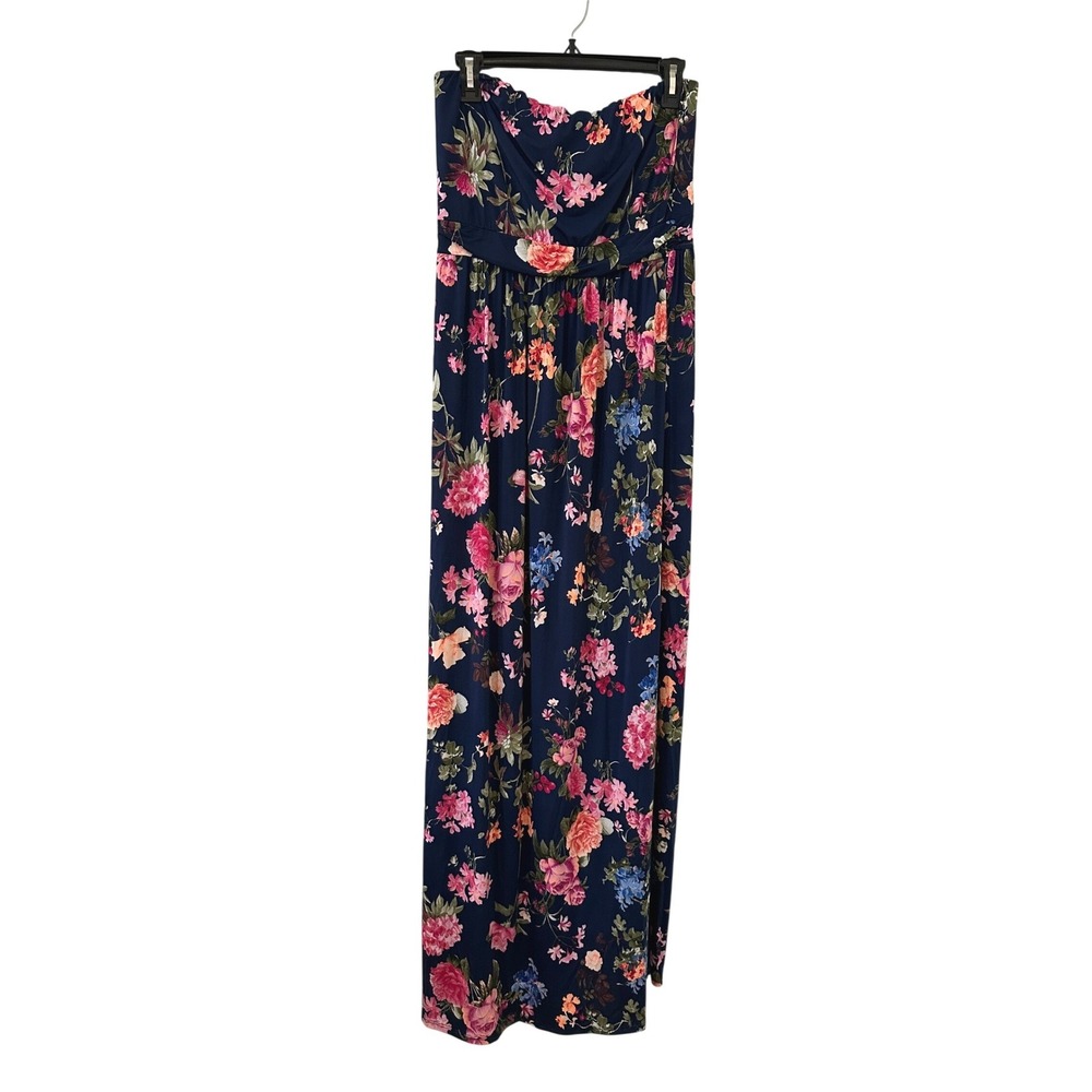 Saved By The Dress XL Navy Blue Floral Strapless Maxi Dress Boho Summer Beachy